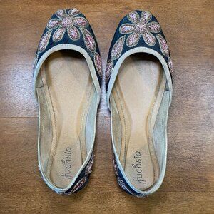 Fuschia Women's Hand Made Ballet Flats Size 8 Black Pink Embroidered Flower